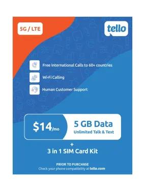 $14/Month - 5GB Data   Unlimited Minutes & Texts | Tello Mobile US Prepaid Phone Plan | Bring Your Own Phone Kit | 3 in 1 SIM Card Included | US Nation-Wide 4G LTE/5G Coverage