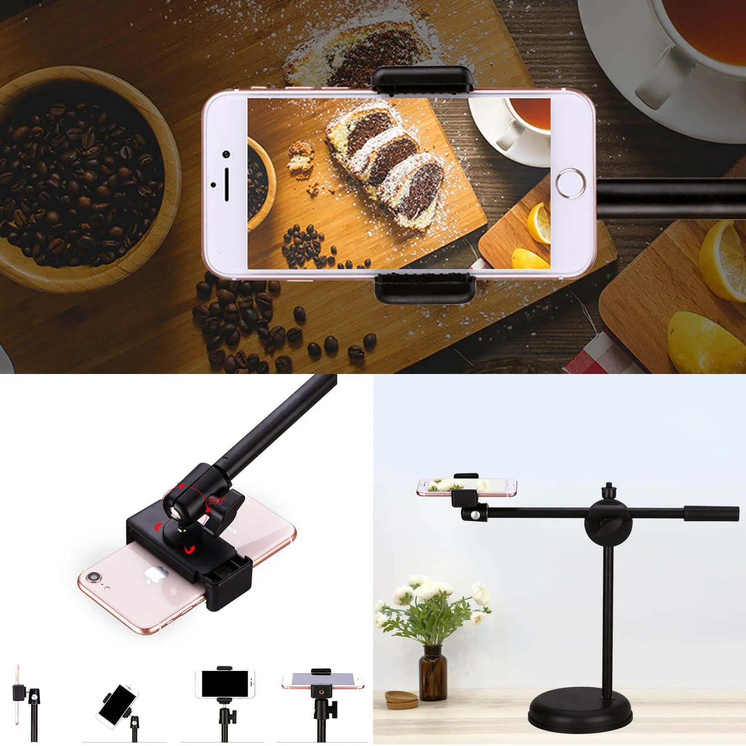 360° Smartphone Table-Top Boom Stand for Flat Lay, Live Streaming