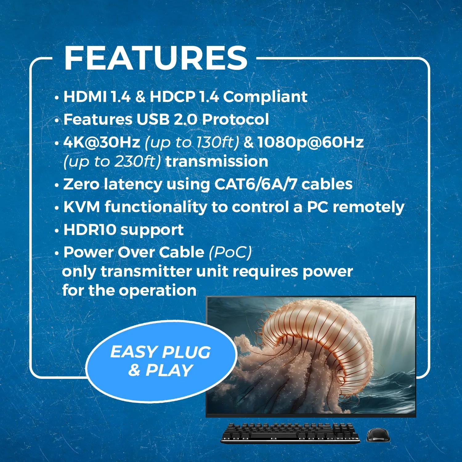 4K HDMI Extender Over CAT6/7 with KVM & HDMI Loop-out 4K@30Hz Up to 130 Ft (EX-230PRO-KVM)