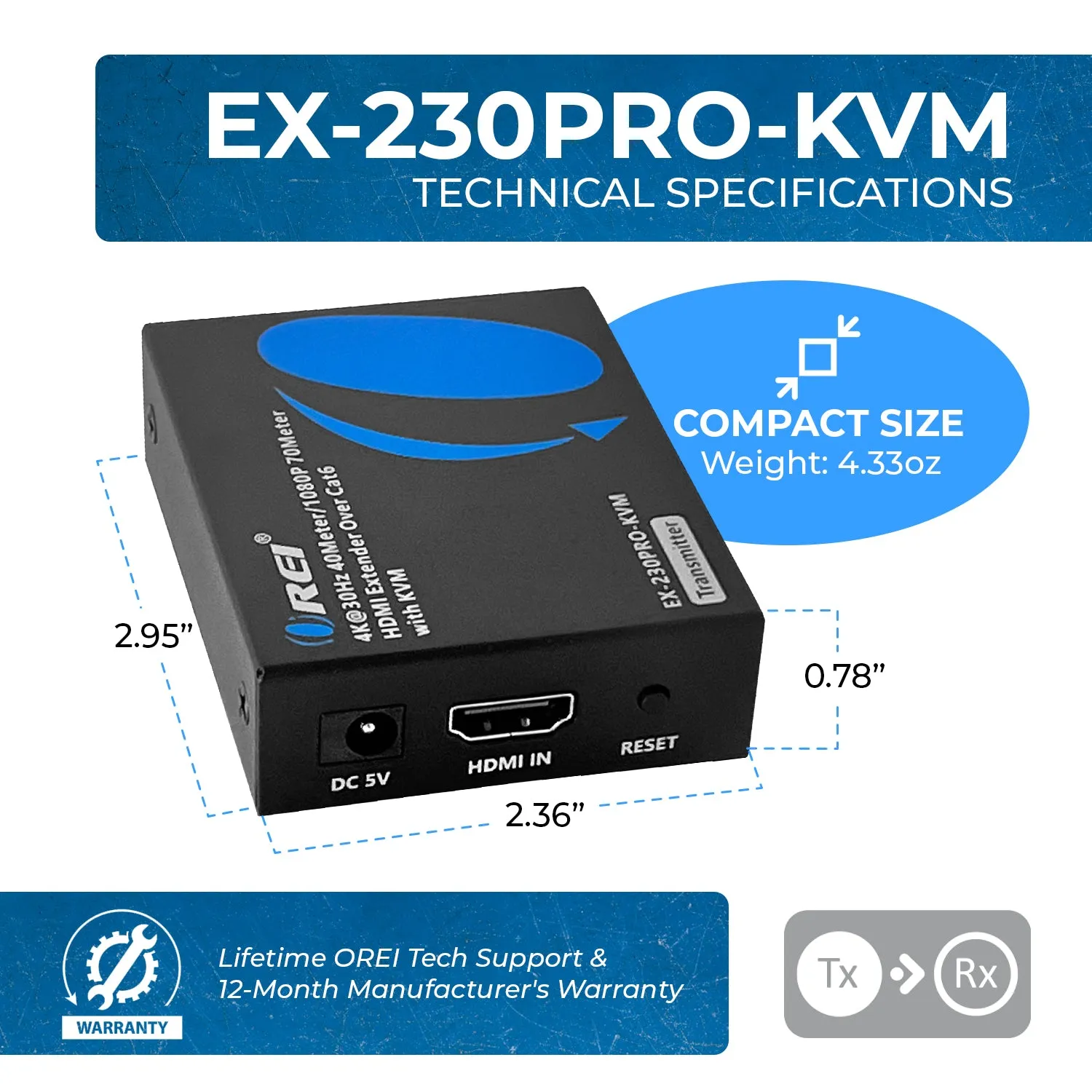 4K HDMI Extender Over CAT6/7 with KVM & HDMI Loop-out 4K@30Hz Up to 130 Ft (EX-230PRO-KVM)