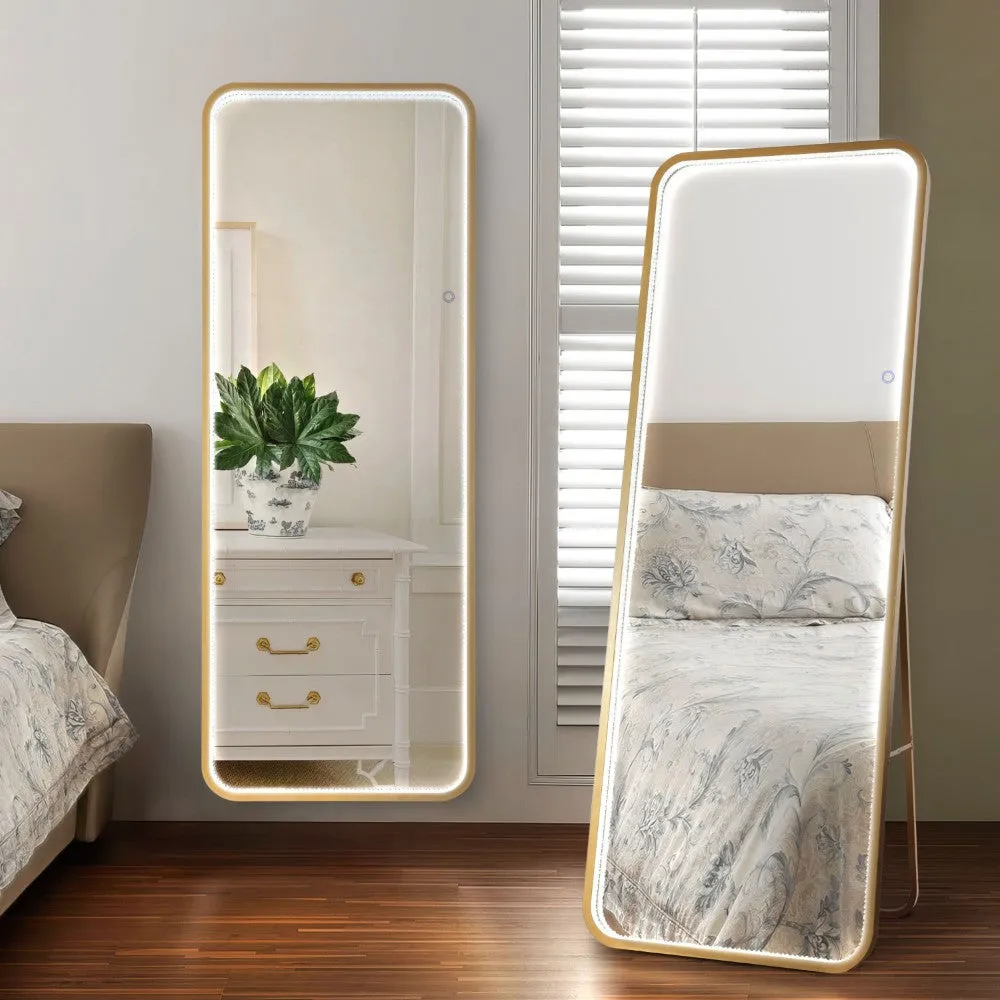 Accent Crystal Lining Rectangle Metal Framed Antifog Front-Lit Tri-Color Wall Or Floor Full-Length Mirror with Smart Touch