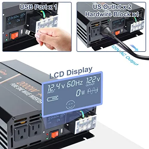 aeliussine Power Inverter 2000W Pure Sine Wave Inverter 12v DC to AC 120v Peak 4000 Watt Converter with LCD Display USB Charge Port for Car RV Boat Solar Power System.