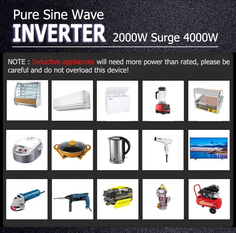 aeliussine Power Inverter 2000W Pure Sine Wave Inverter 12v DC to AC 120v Peak 4000 Watt Converter with LCD Display USB Charge Port for Car RV Boat Solar Power System.