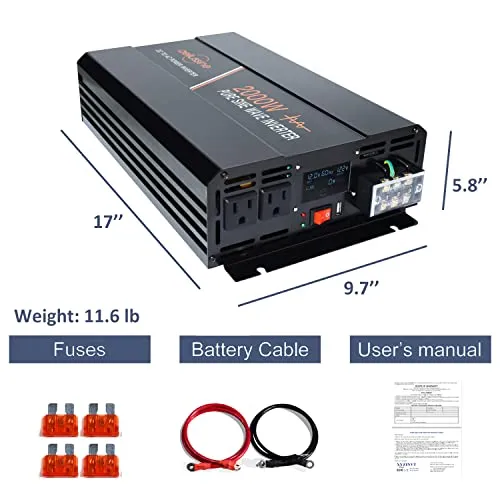 aeliussine Power Inverter 2000W Pure Sine Wave Inverter 12v DC to AC 120v Peak 4000 Watt Converter with LCD Display USB Charge Port for Car RV Boat Solar Power System.