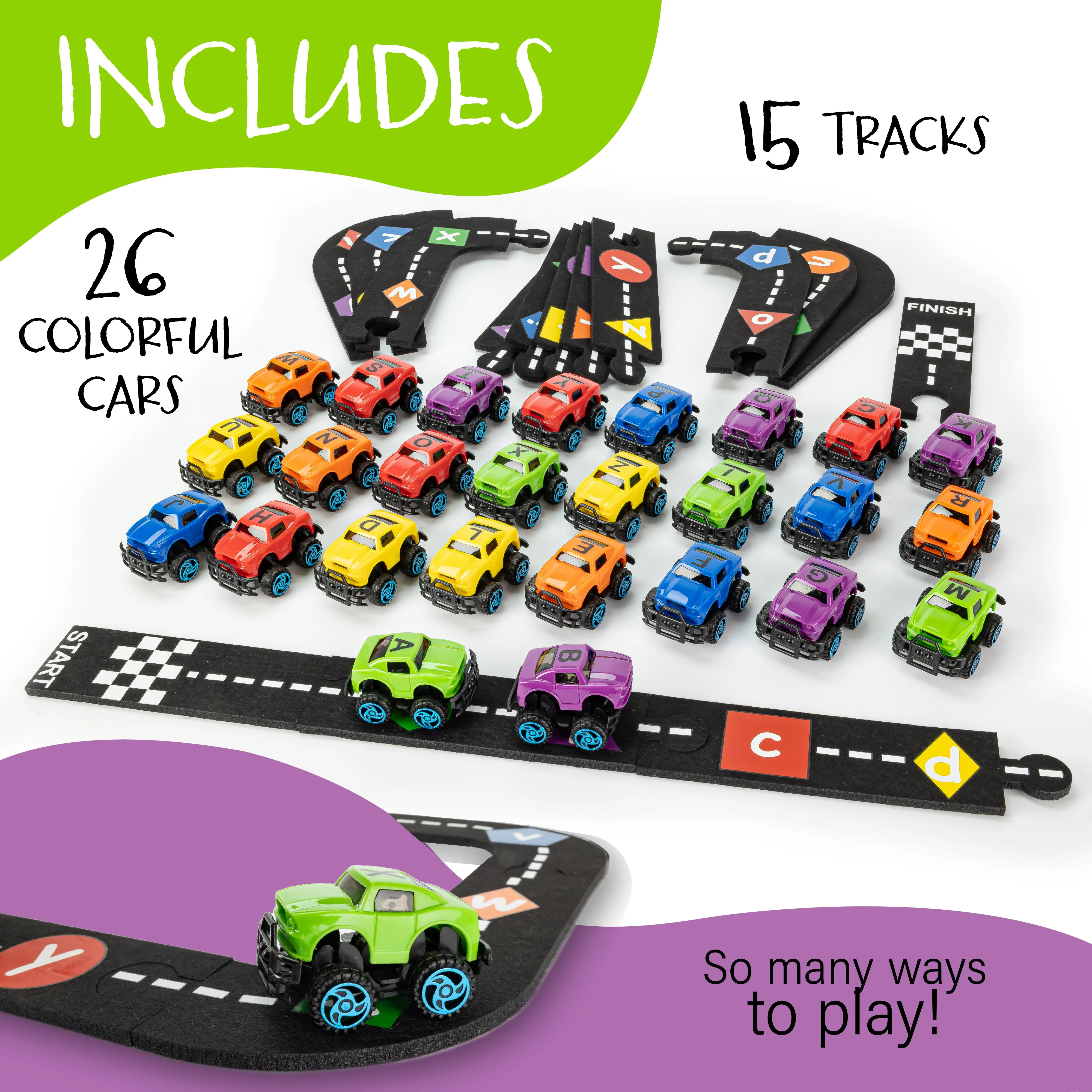 Alphabet Race Car Track Set, 26 Cars in 6 Colors, 15 Alphabet Car Tracks