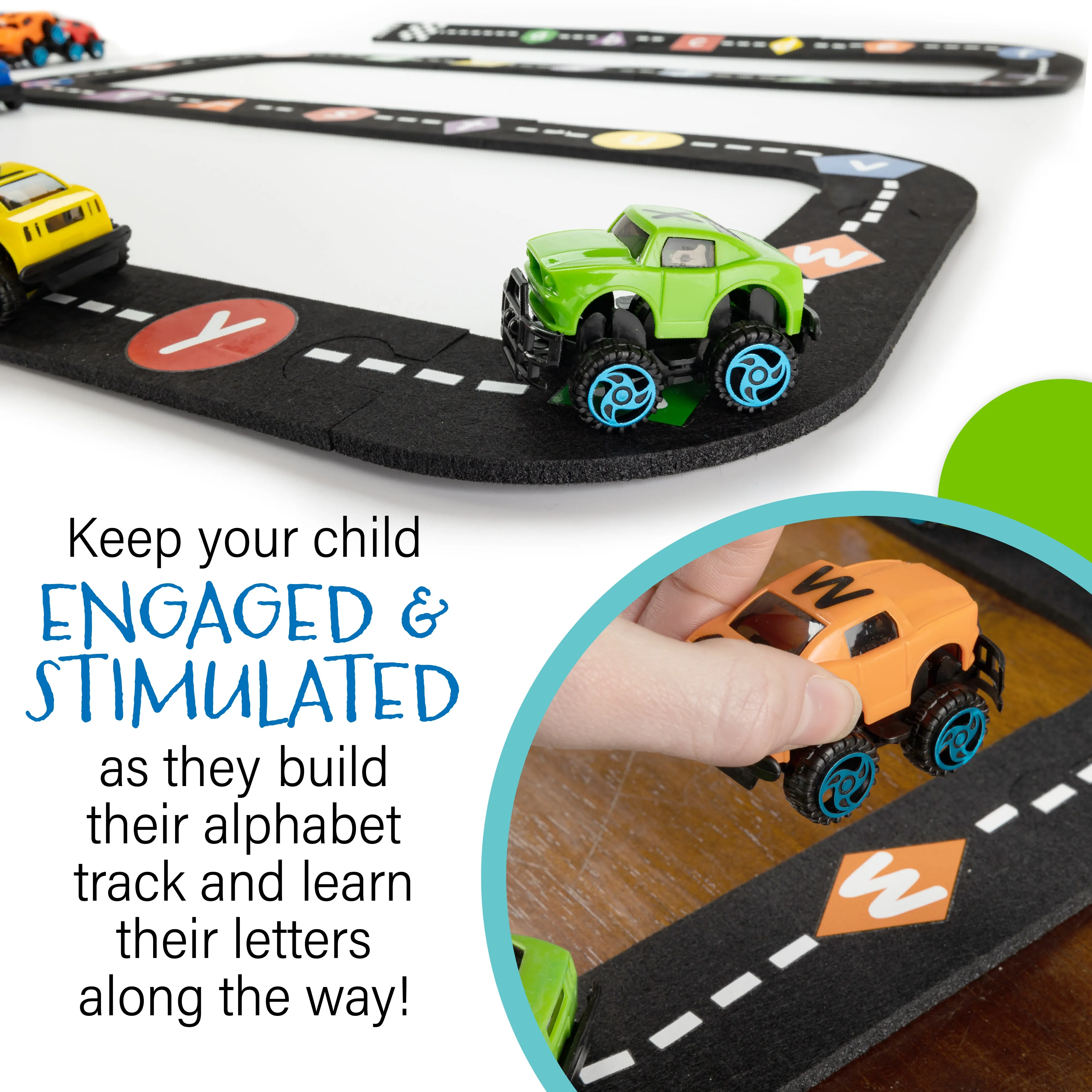 Alphabet Race Car Track Set, 26 Cars in 6 Colors, 15 Alphabet Car Tracks