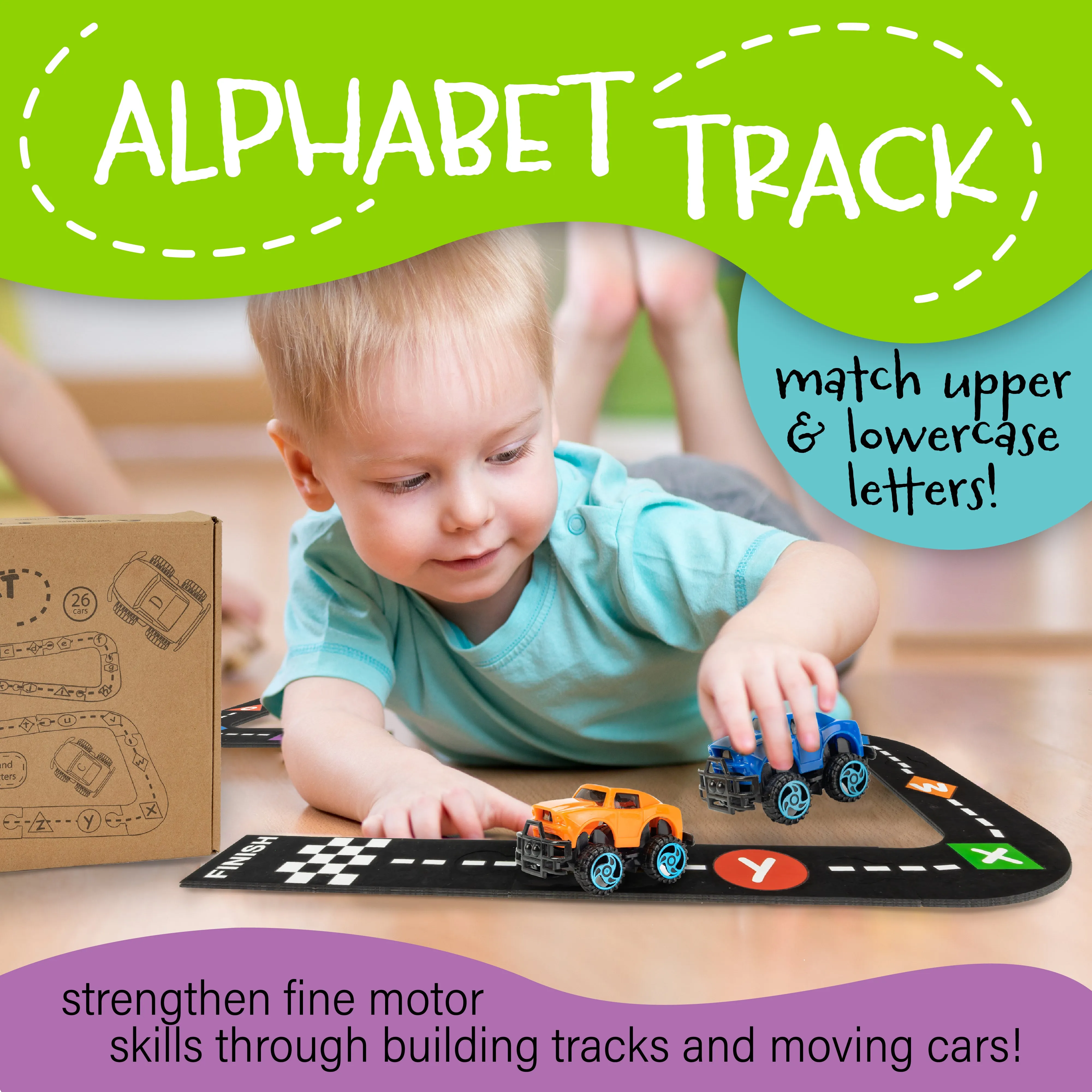 Alphabet Race Car Track Set, 26 Cars in 6 Colors, 15 Alphabet Car Tracks