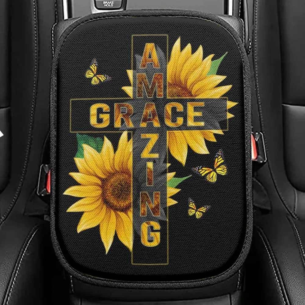 Amazing Grace Sunflower Seat Box Cover, Bible Verse Car Center Console Cover, Scripture Interior Car Accessories