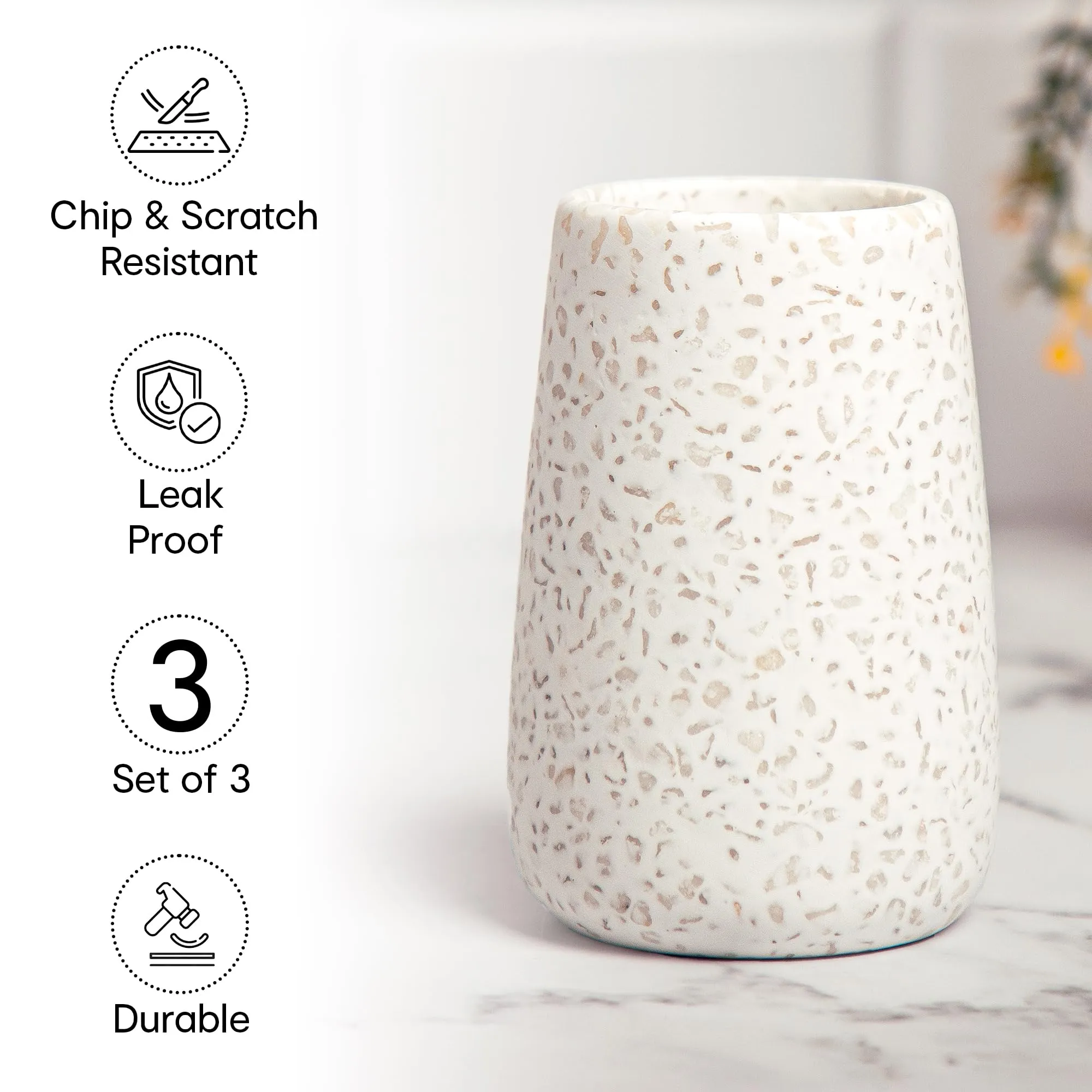 Anko Ceramic Toothbrush Holder for Bathroom | Toothpaste, Makeup Brush Holder for Bathroom | Bathroom Accessories for Wash Basin | Home, Office, Bathroom Organiser | White, Terrazzo | Set of 3