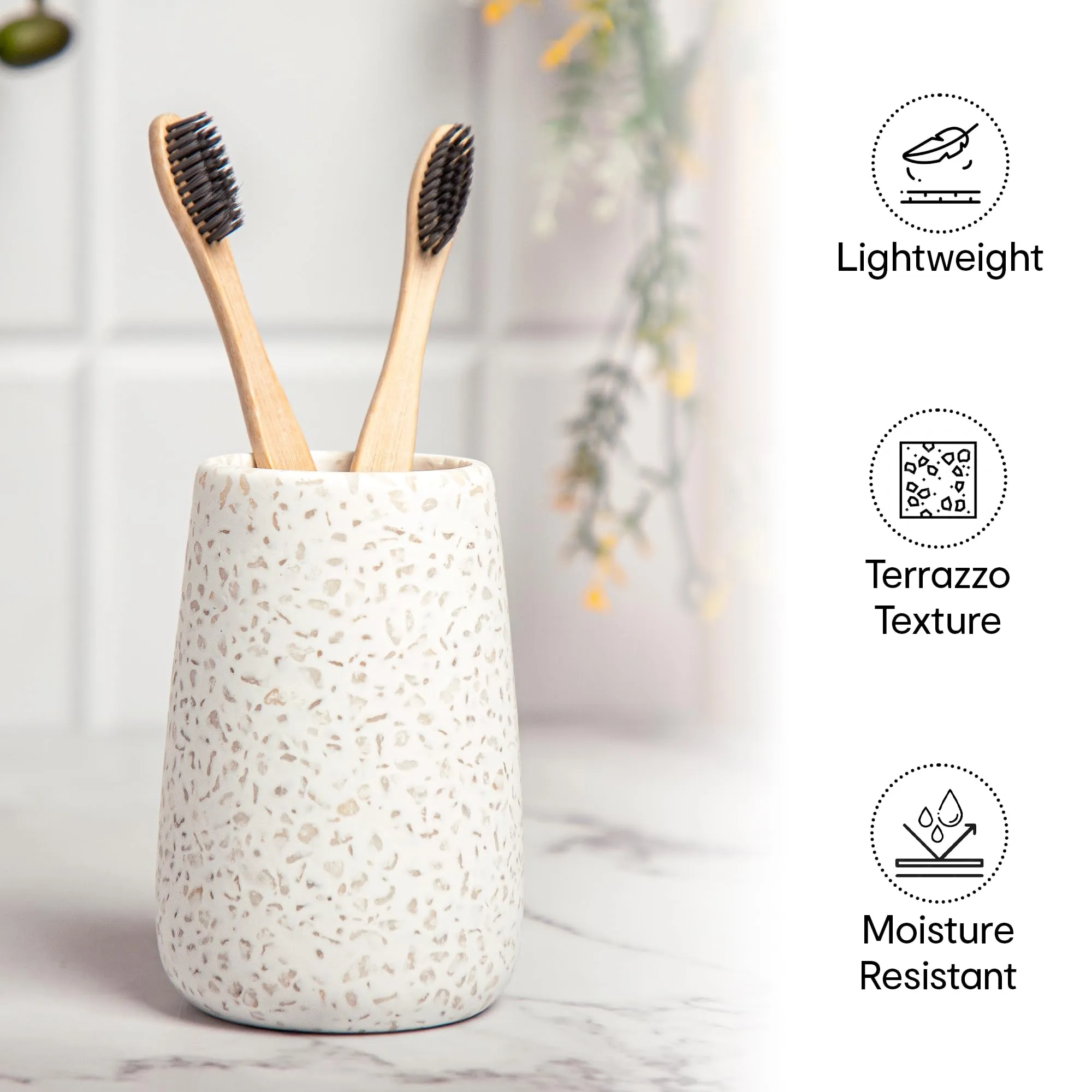 Anko Ceramic Toothbrush Holder for Bathroom | Toothpaste, Makeup Brush Holder for Bathroom | Bathroom Accessories for Wash Basin | Home, Office, Bathroom Organiser | White, Terrazzo | Set of 3