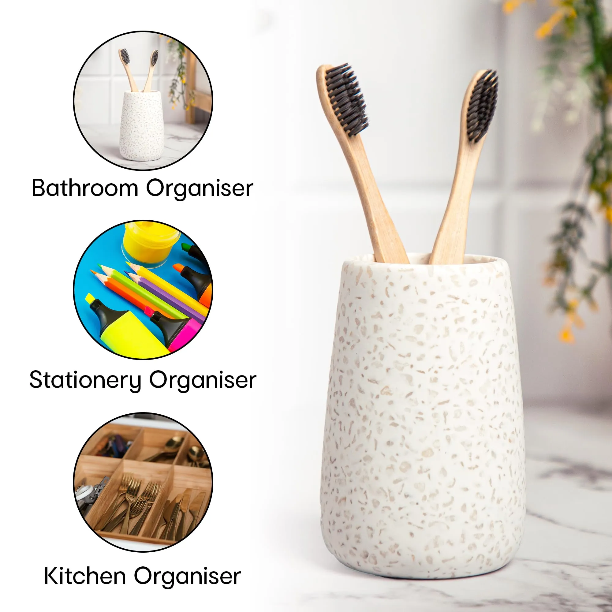 Anko Ceramic Toothbrush Holder for Bathroom | Toothpaste, Makeup Brush Holder for Bathroom | Bathroom Accessories for Wash Basin | Home, Office, Bathroom Organiser | White, Terrazzo | Set of 3