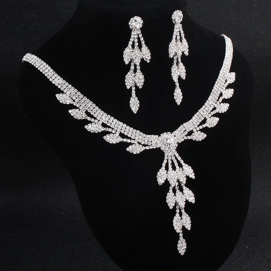 Austrian Crystal Bridal Jewelry Set Silver Color Necklace Earrings