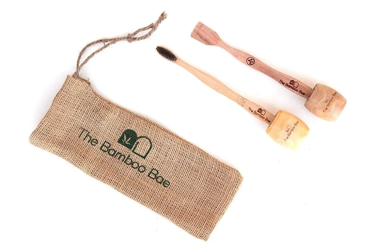 Bamboo Toothbrush and Tongue Cleaner with 2 Holders Combo | Oral Care Kit | With Reusable Jute Pouch