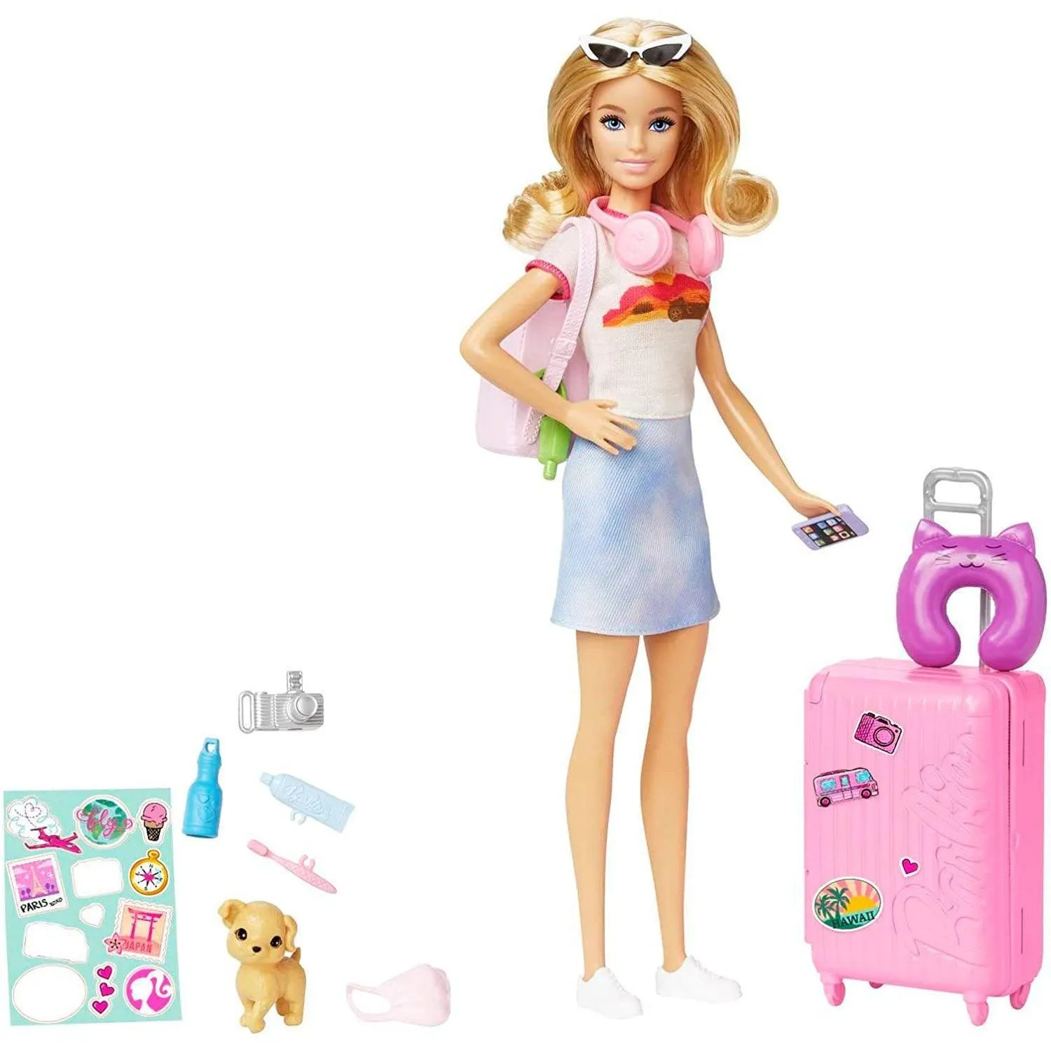 Barbie Doll & Accessories, Travel Set with Puppy, Malibu Doll with Blonde Hair