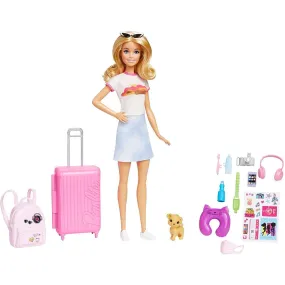 Barbie Doll & Accessories, Travel Set with Puppy, Malibu Doll with Blonde Hair