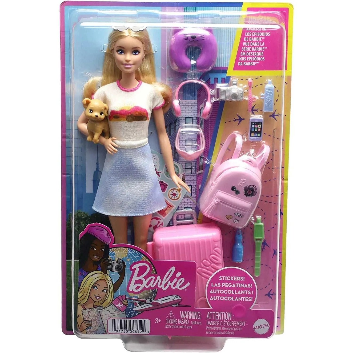 Barbie Doll & Accessories, Travel Set with Puppy, Malibu Doll with Blonde Hair