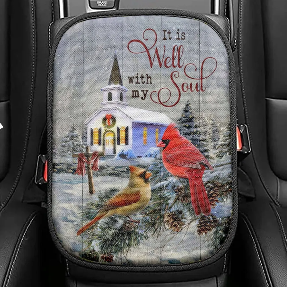 Cardinal Birds It Is Well With My Soul Christmas Seat Box Cover, Bible Verse Car Center Console Cover, Scripture Interior Car Accessories