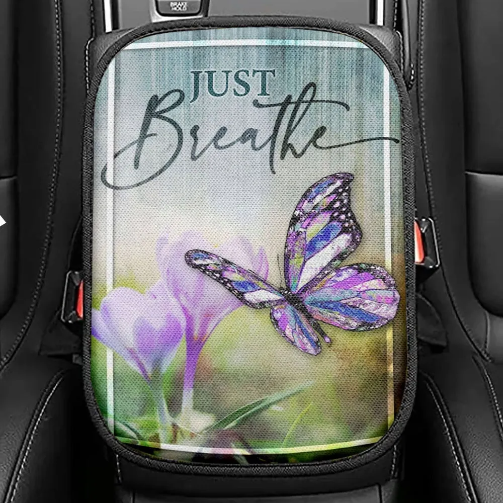 Christian Just Breathe Butterfly Seat Box Cover, Bible Verse Car Center Console Cover, Scripture Interior Car Accessories