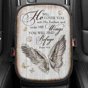 Christian Psalm 914 He Will Cover You With His Feathers Seat Box Cover, Bible Verse Car Center Console Cover, Scripture Interior Car Accessories