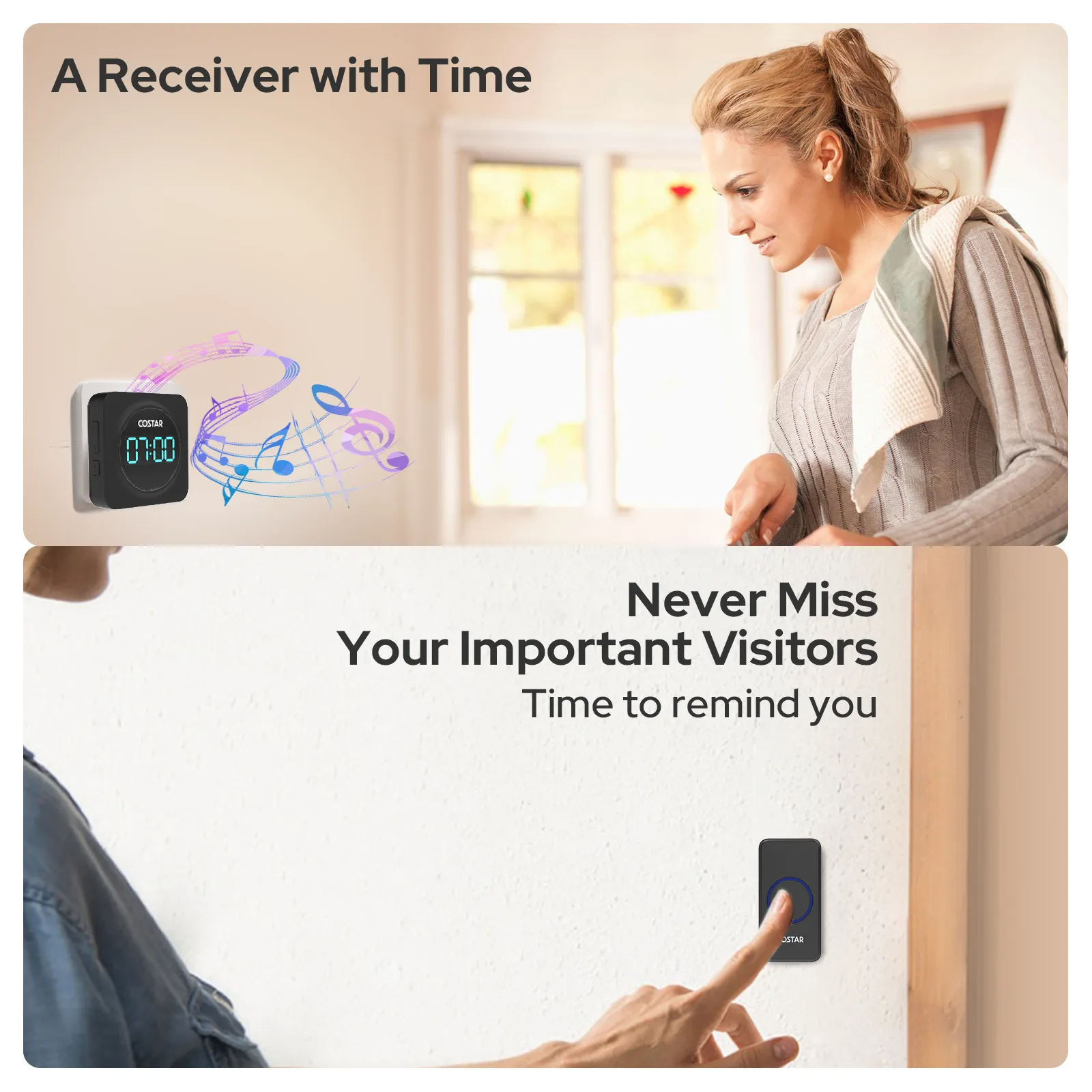 COSTAR Wireless Door Bell for Home with 24-Hour Time Display Pebble 700