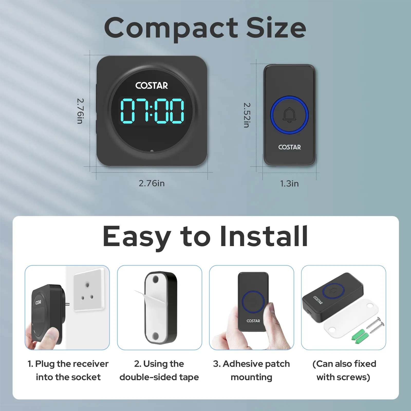 COSTAR Wireless Door Bell for Home with 24-Hour Time Display Pebble 700