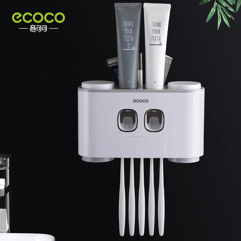 ECOCO Wall Mount Automatic Toothpaste Squeezer Dispenser Toothbrush Holder Bathroom Accessories Storage Rack with 4 Cups