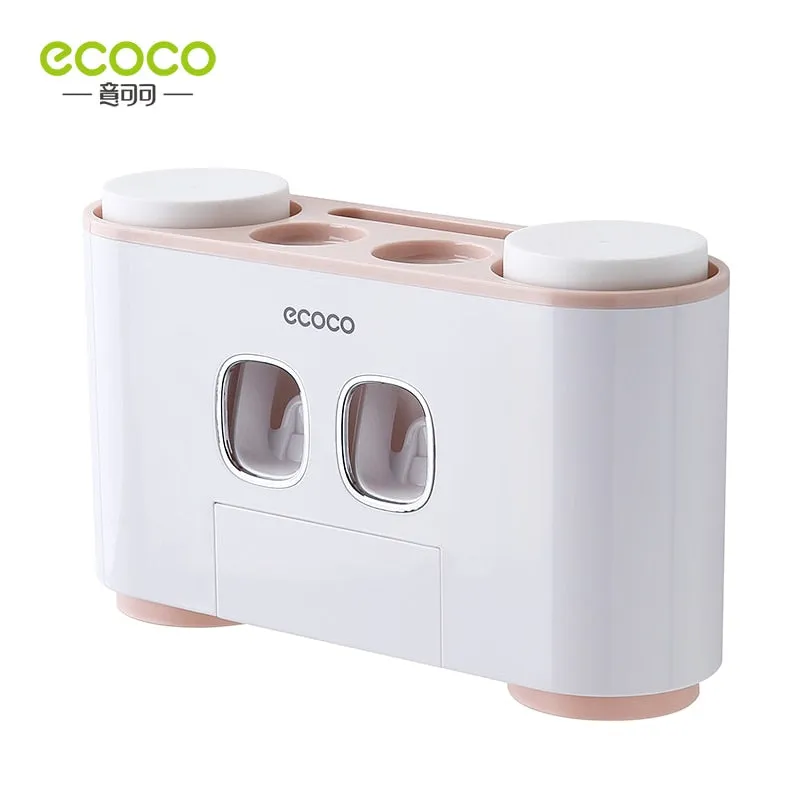 ECOCO Wall Mount Automatic Toothpaste Squeezer Dispenser Toothbrush Holder Bathroom Accessories Storage Rack with 4 Cups