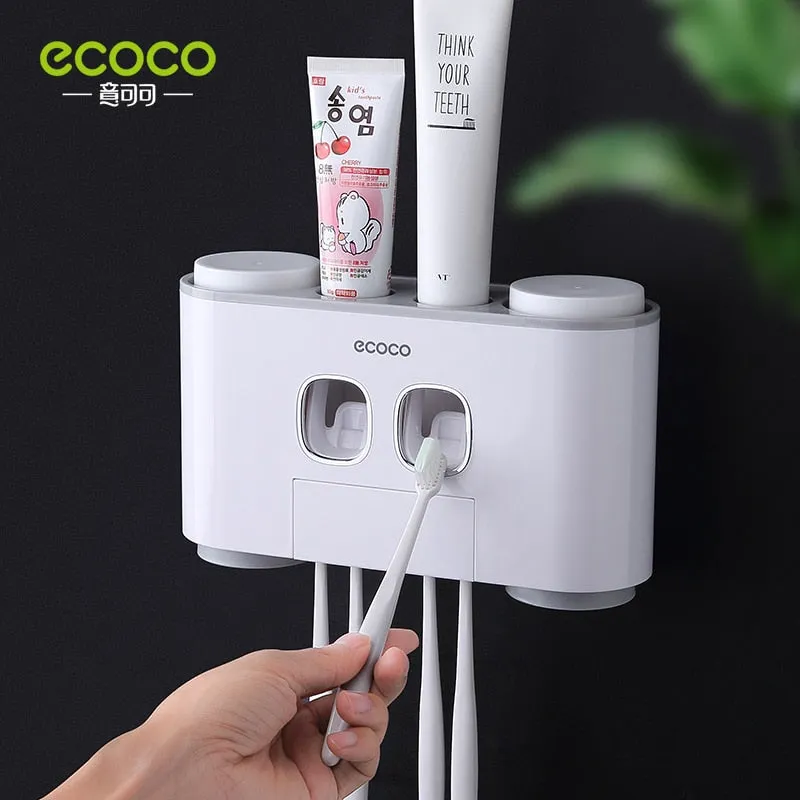 ECOCO Wall Mount Automatic Toothpaste Squeezer Dispenser Toothbrush Holder Bathroom Accessories Storage Rack with 4 Cups