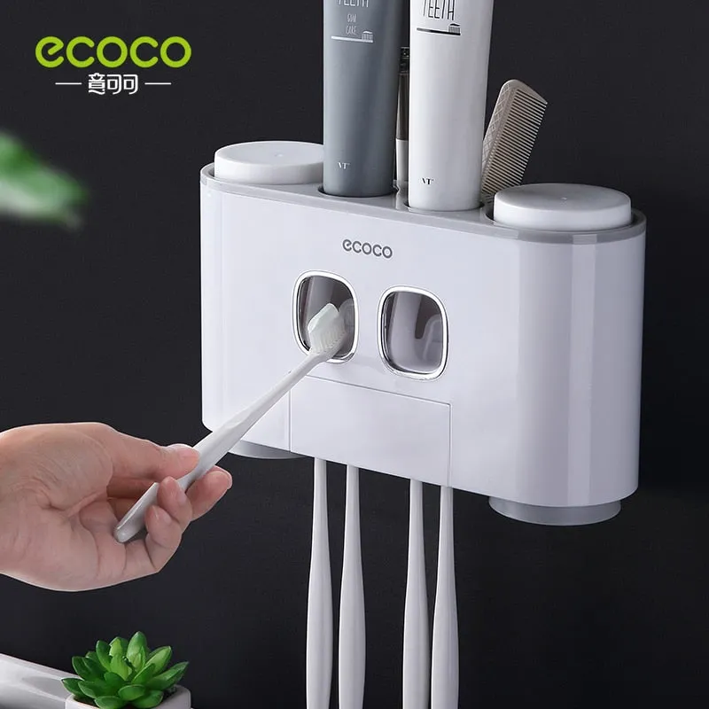 ECOCO Wall Mount Automatic Toothpaste Squeezer Dispenser Toothbrush Holder Bathroom Accessories Storage Rack with 4 Cups