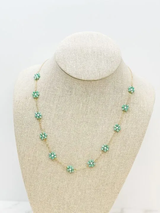 Flower Beaded Station Necklace - Mint