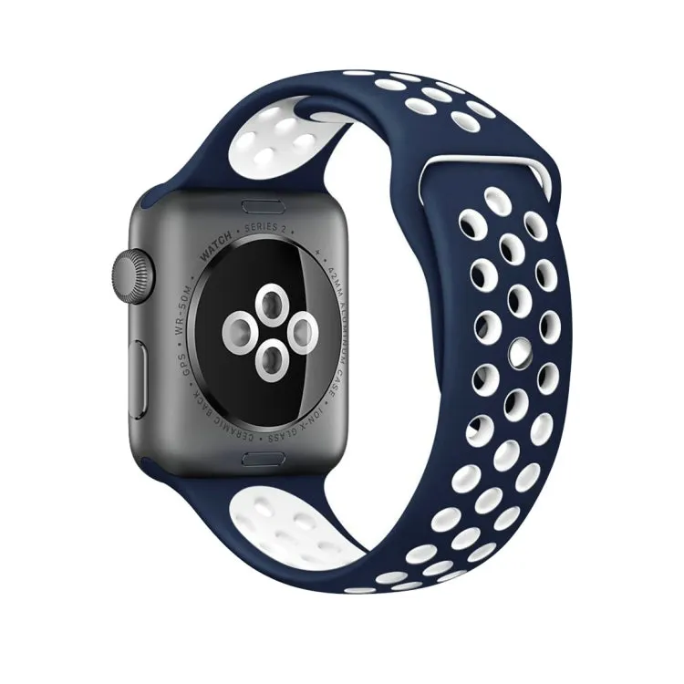 For Apple Watch Series 10 42mm / 9&8&7 41mm / SE 3&SE 2&6&SE&5&4 40mm / 3&2&1 38mm Fashionable Classical Silicone Sport Watch Band(Dark Blue White)