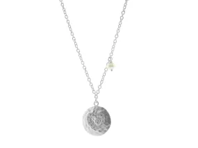 Hammered CZ Heart Pendant with Dangling Pearl Necklace in Gunmetal Silver, 16"   2"