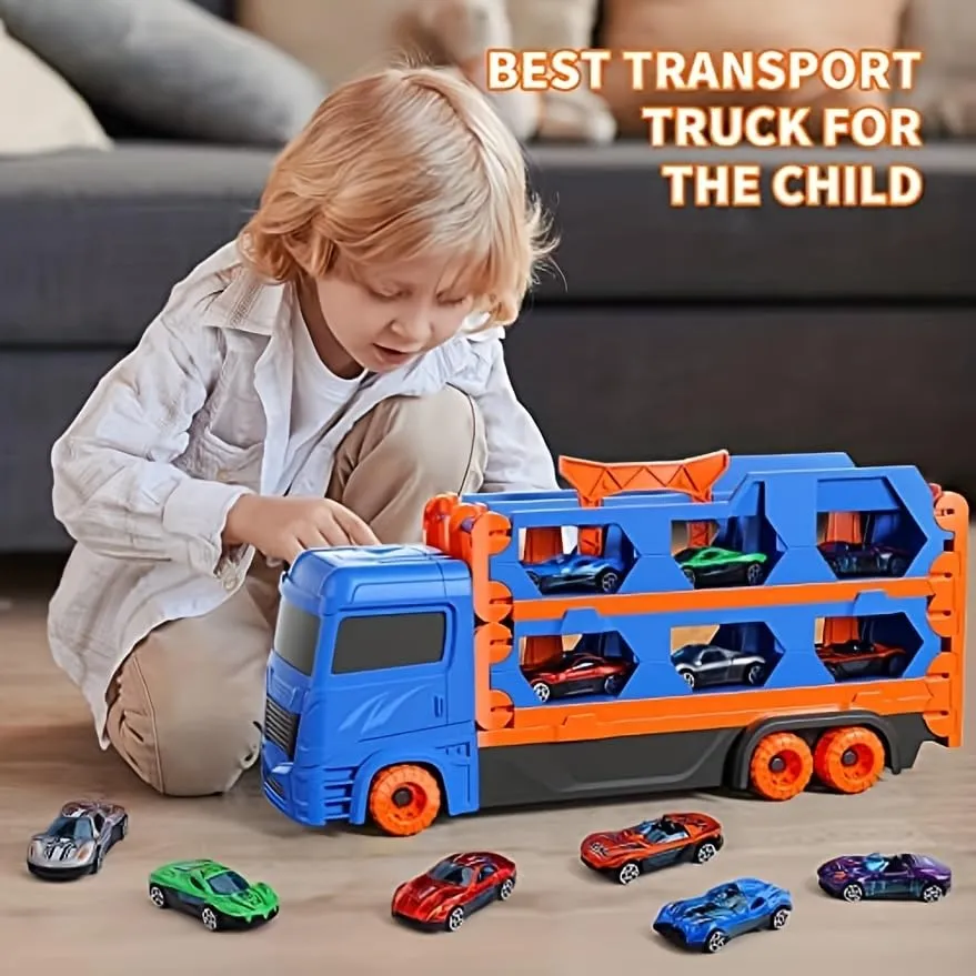 Hauler Storage & Deform Truck with 2 Ejection Race (ONLY 2 Alloy Cars INCLUDED )- Foldable Tracks for Kids- playmaster toys