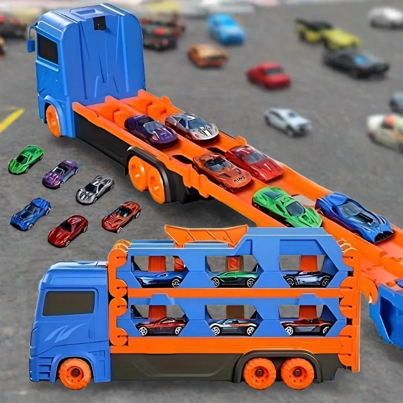 Hauler Storage & Deform Truck with 2 Ejection Race (ONLY 2 Alloy Cars INCLUDED )- Foldable Tracks for Kids- playmaster toys