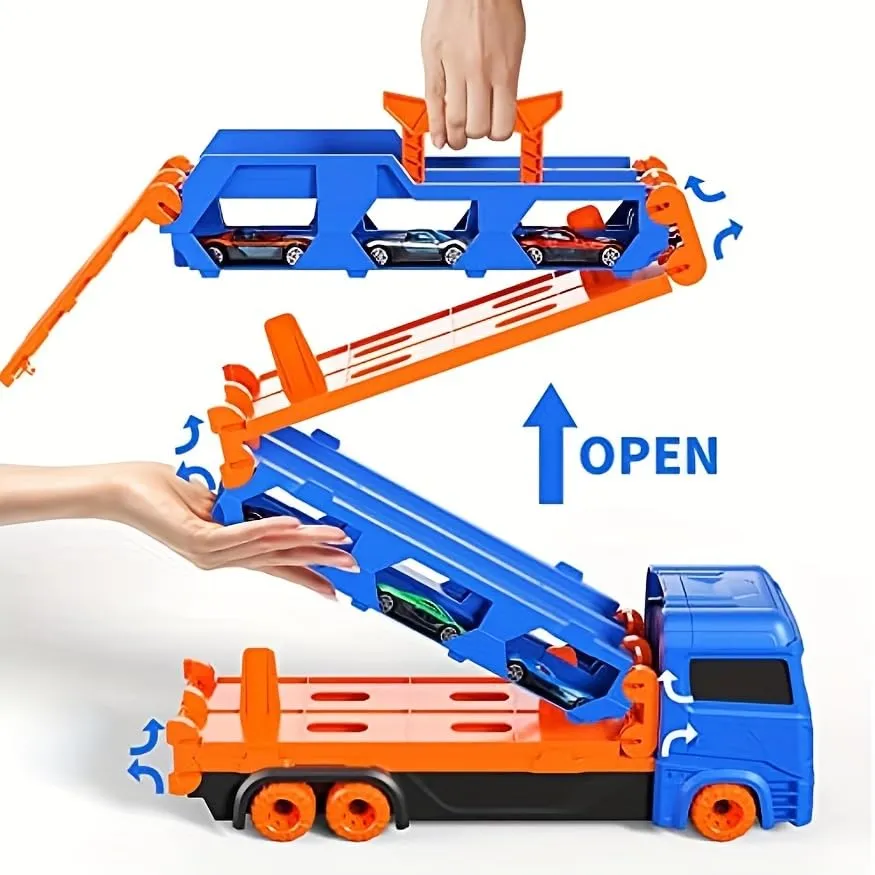 Hauler Storage & Deform Truck with 2 Ejection Race (ONLY 2 Alloy Cars INCLUDED )- Foldable Tracks for Kids- playmaster toys