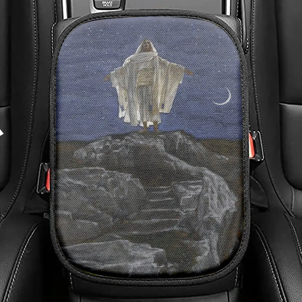 Jesus Goes Up Alone On A Mountain To Pray Seat Box Cover, Christian Car Center Console Cover, Jesus Interior Car Accessories