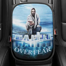 Jesus Hands Reaching Out Faith Over Fear Christian Seat Box Cover, Bible Verse Car Center Console Cover, Scripture Interior Car Accessories