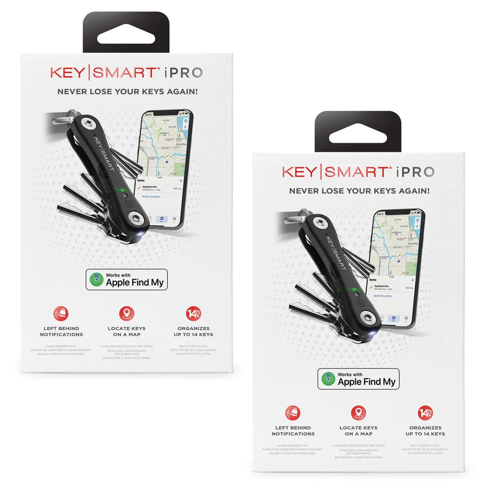 KeySmart iPro - Rechargable Compact Trackable Key Holder, with LED Flashlight and Bottle Opener  - Black - 2 Pack