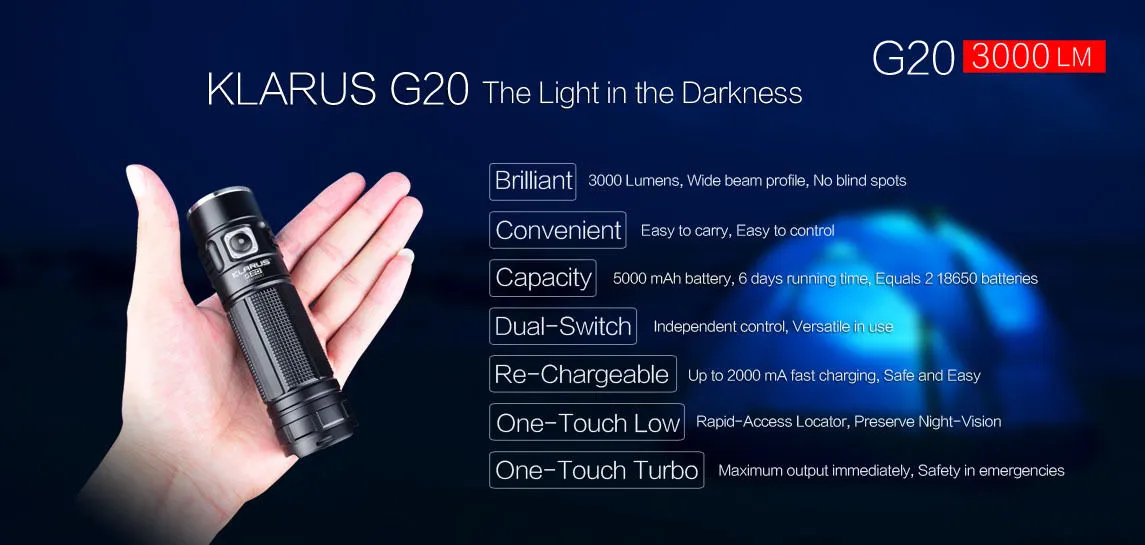 Klarus G20 Dual Switch Flashlight - CREE XHP70 N4 LED - 3000 Lumens, Black