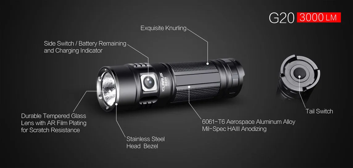 Klarus G20 Dual Switch Flashlight - CREE XHP70 N4 LED - 3000 Lumens, Black