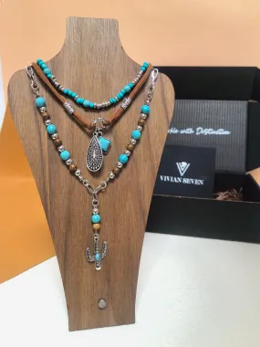 Layered Cord Imitation Turquoise Stone Beaded  Pendant Necklace Set