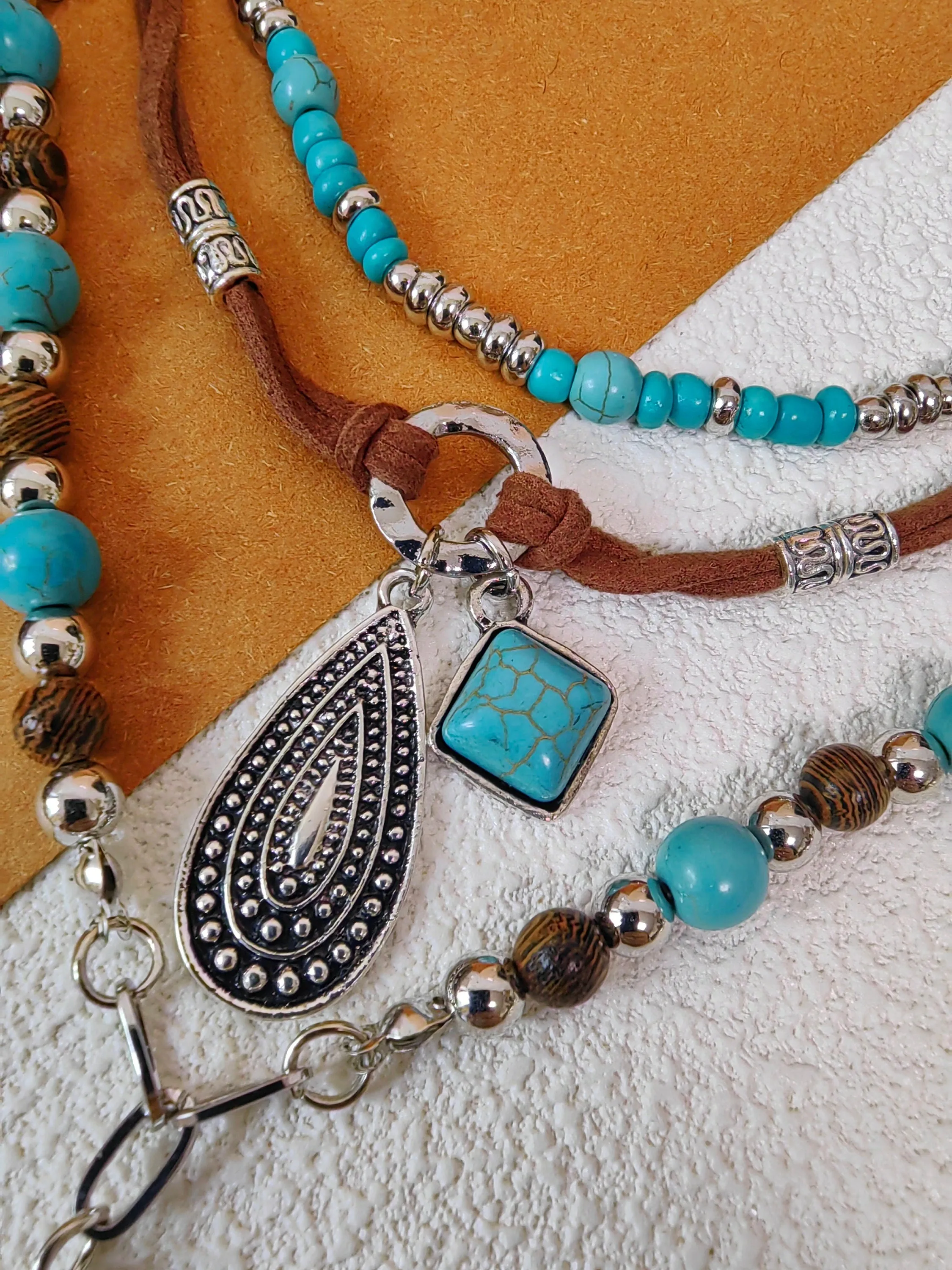 Layered Cord Imitation Turquoise Stone Beaded  Pendant Necklace Set