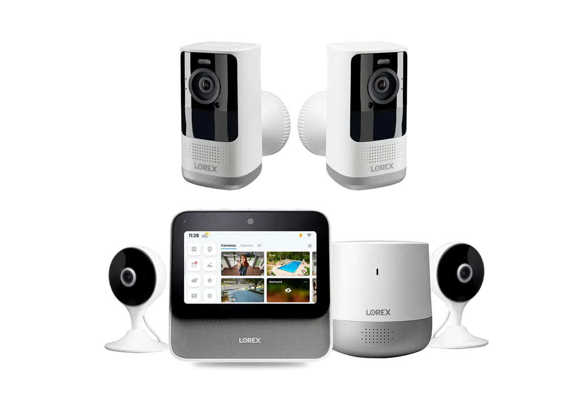 Lorex Smart Home Security Center with 2K Wire-Free Cameras, Two 2K Indoor Wi-Fi Security Cameras and Range Extender