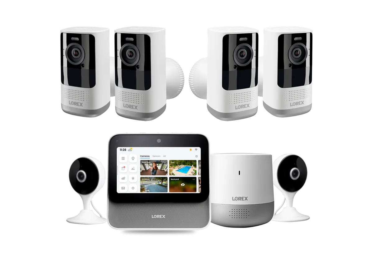 Lorex Smart Home Security Center with 2K Wire-Free Cameras, Two 2K Indoor Wi-Fi Security Cameras and Range Extender