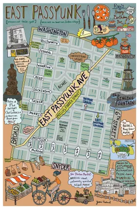 Map of East Passyunk, Philadelphia (customization and framing options available)