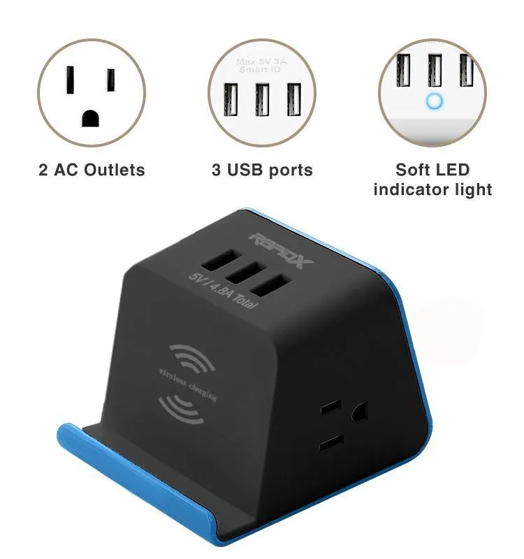 MyDesktop 29W Wireless Charging Stand with 3 USB Ports and 2 Power Outlets - Blue