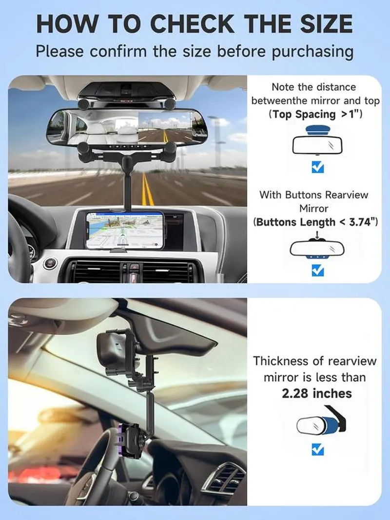 Phone Mount for Car, Rear View Mirror Phone Holder, Rotatable and Retractable Phone Holder for Car Compatible with Iphone Samsung All 4-7 Inch Cell Phones 360 Degree