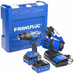 RAWLPLUG DRILL DRIVER 2XBATTERY 5.0 AH CHARGER 65A WITH GLOVES IN CASE RAWR-PDD18-XL2