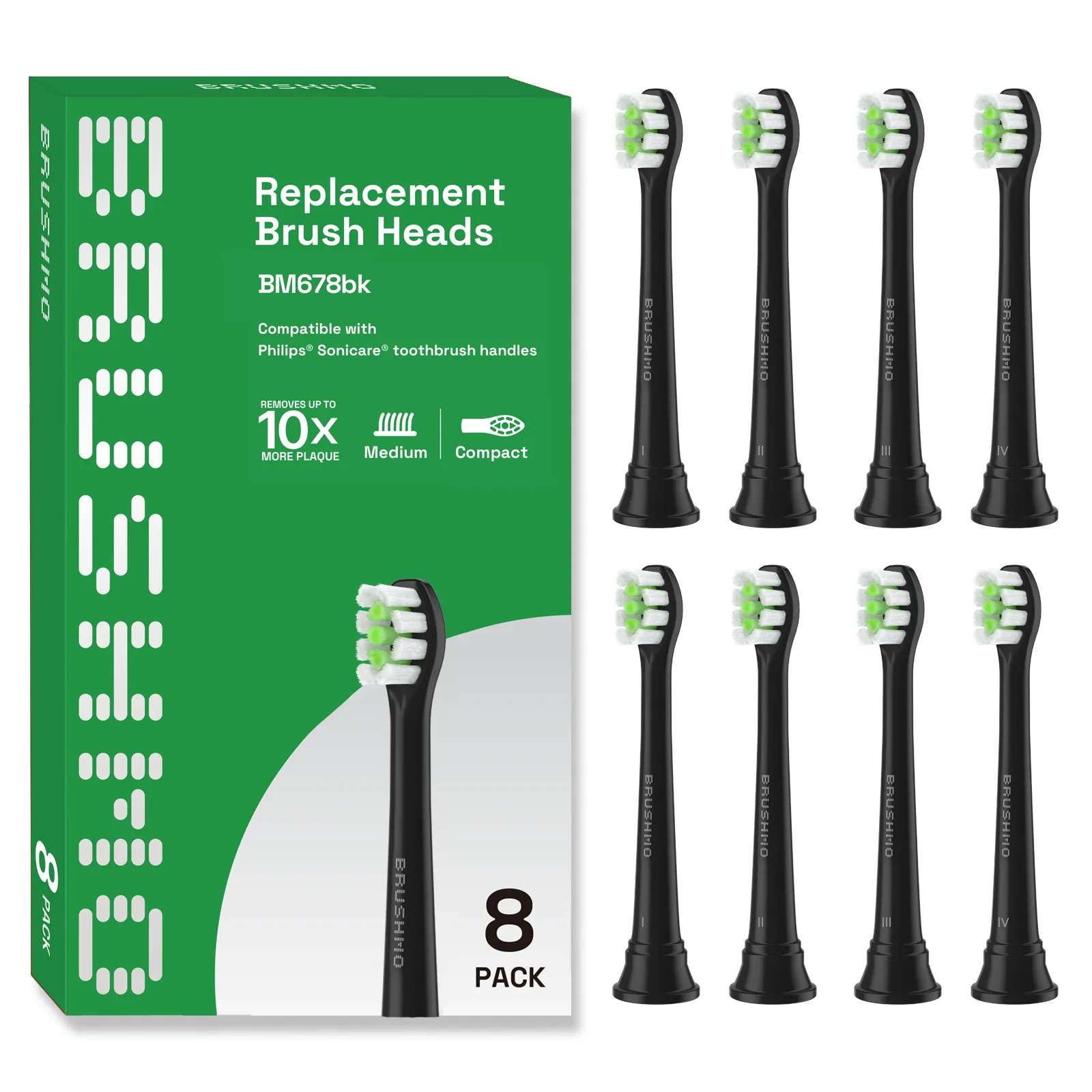 Replacement toothbrush heads for Philips Sonicare DiamondClean HX6072, Black, 8 pack compact