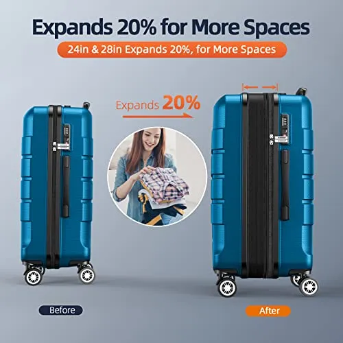 SHOWKOO Luggage Sets Expandable PC ABS Durable Suitcase 3 PC Set, Sea Blue